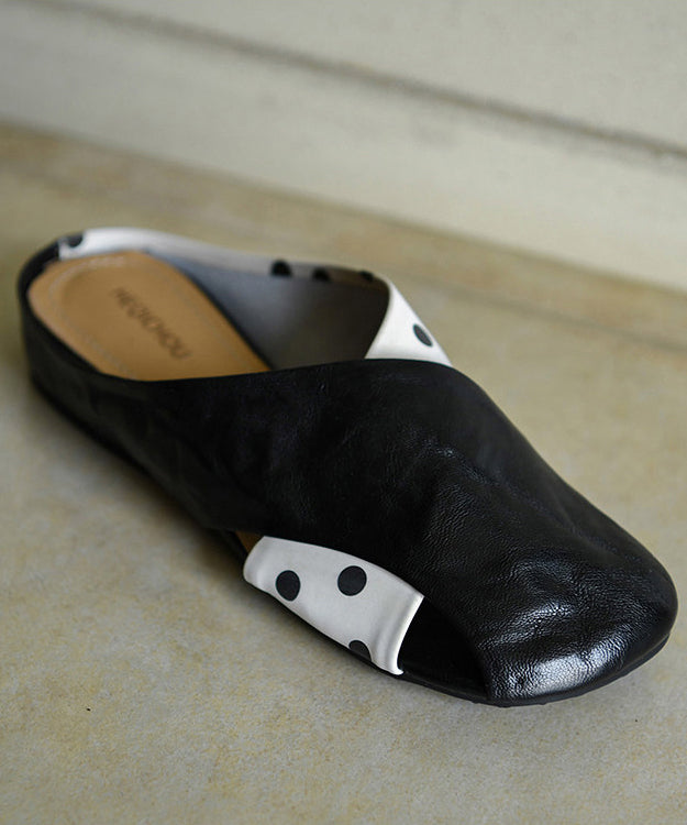 Casual Cross Strap Black Cowhide Leather Slide Sandals