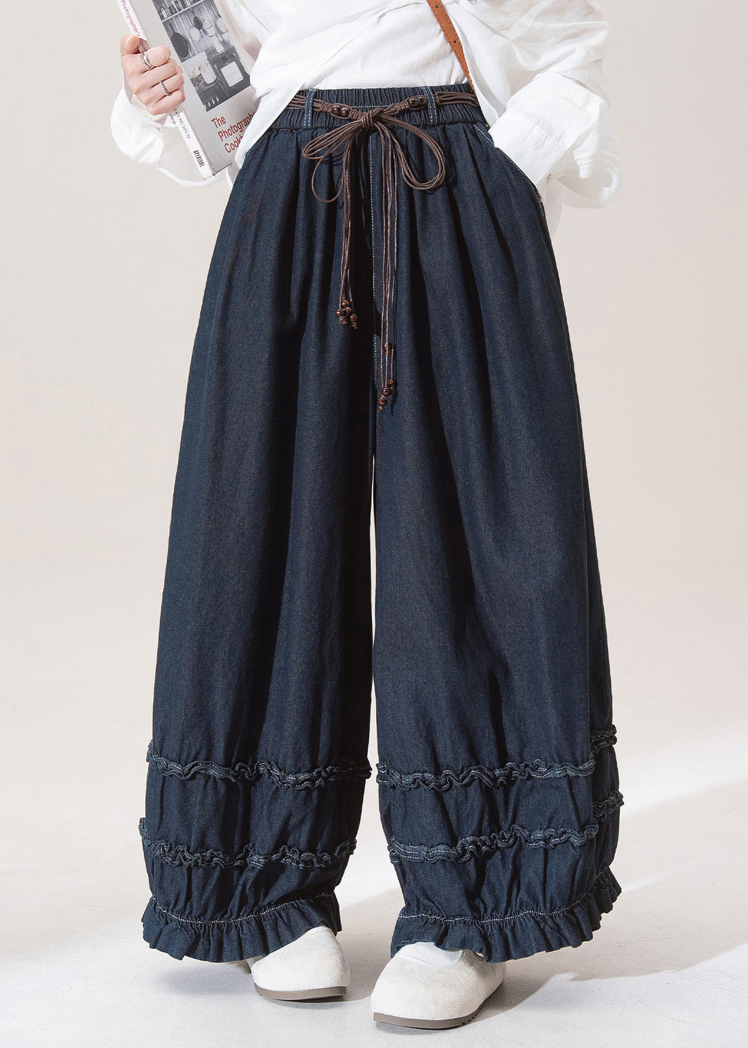 Casual Dark Blue Dark Ruffled Pockets Lantern Jeans Fall