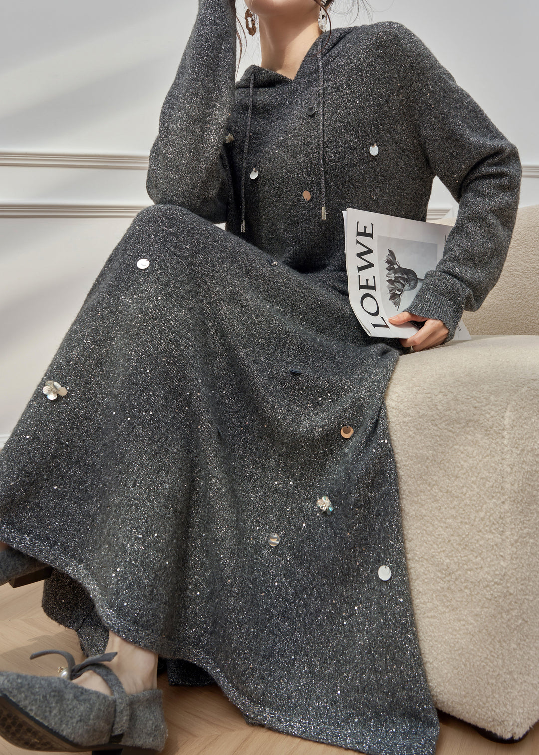 Casual Dark Gray Hooded Sequins Knit Two Pieces Set Winter