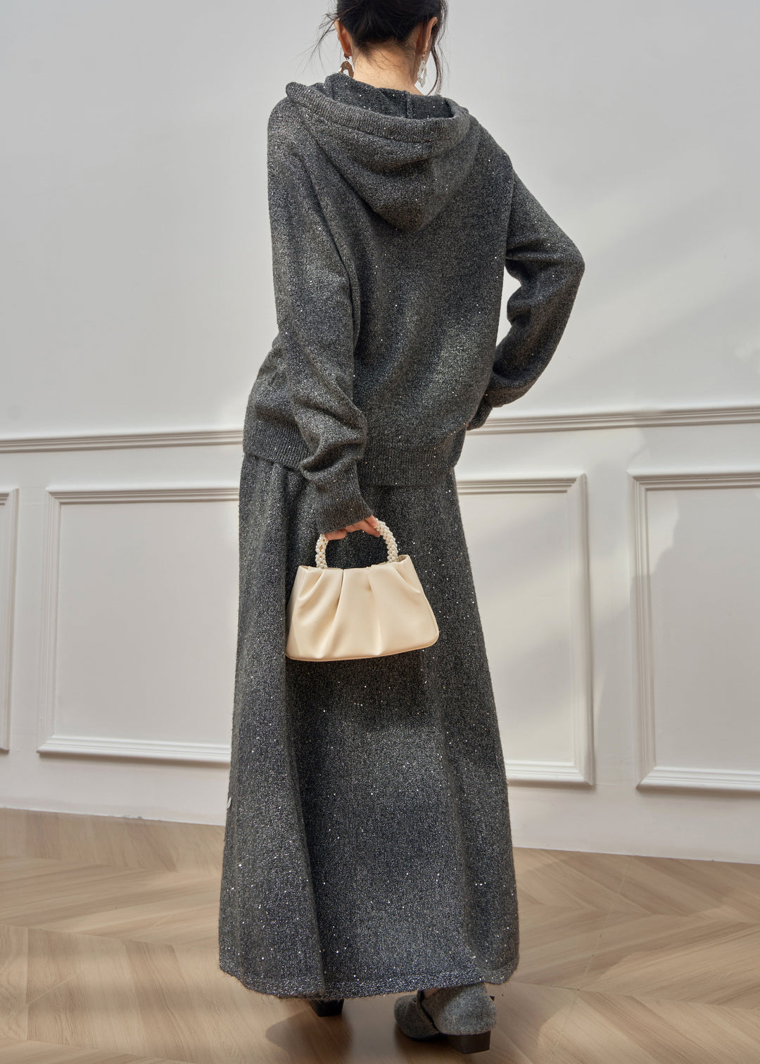 Casual Dark Gray Hooded Sequins Knit Two Pieces Set Winter