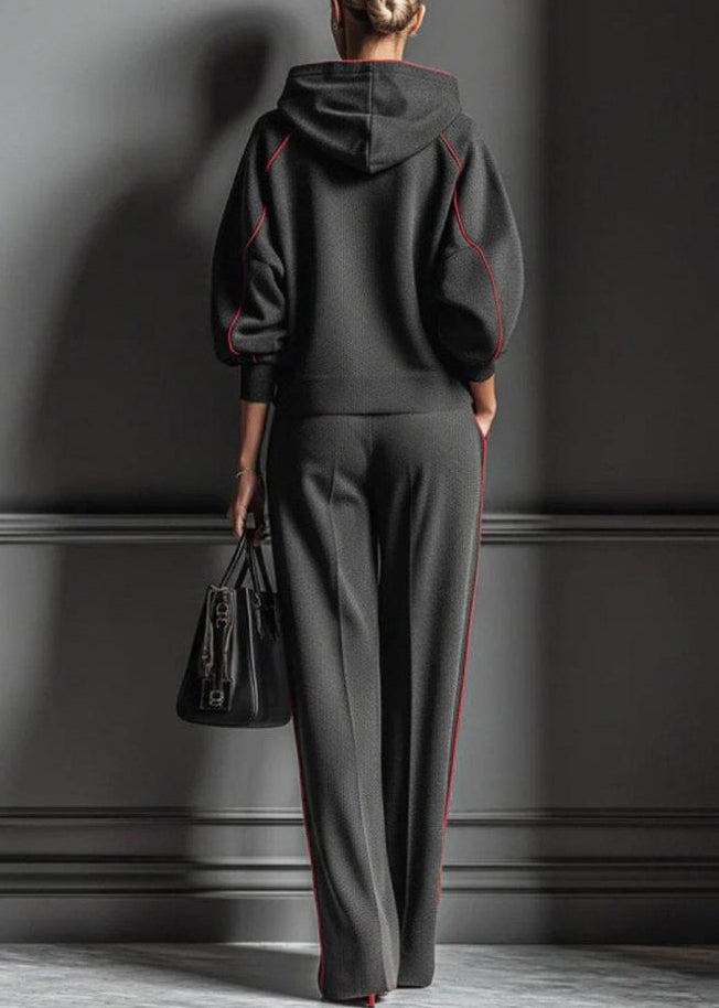 Casual Dark Gray Hooded Striped Sweatshirts And Pants Cotton Two Pieces Set Spring