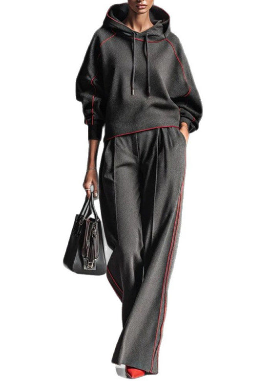 Casual Dark Gray Hooded Striped Sweatshirts And Pants Cotton Two Pieces Set Spring