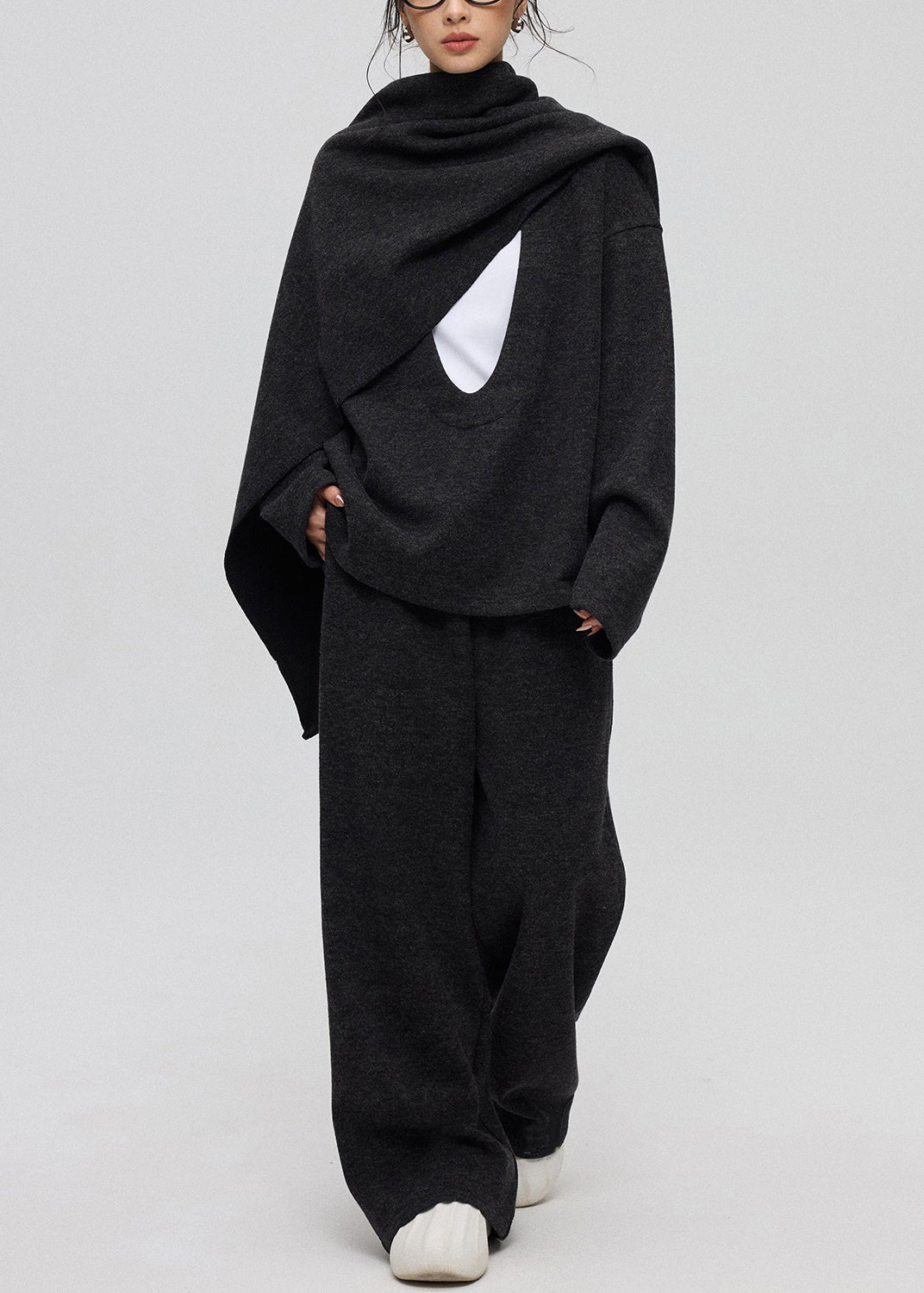 Casual Dark Gray U Neck Solid Cashmere Three Piece Set Winte