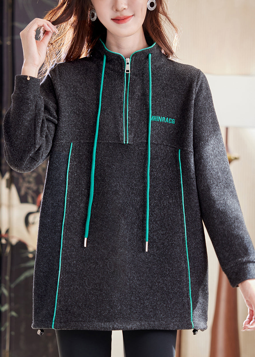 Casual Dark Gray Zip Up Drawstring Patchwork Cotton Sweatshirts Winter