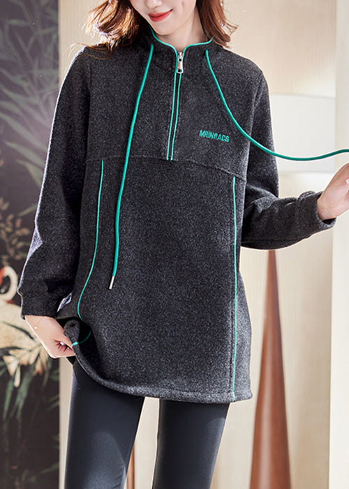 Casual Dark Gray Zip Up Drawstring Patchwork Cotton Sweatshirts Winter