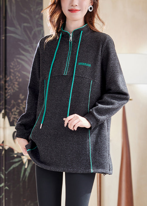Casual Dark Gray Zip Up Drawstring Patchwork Cotton Sweatshirts Winter