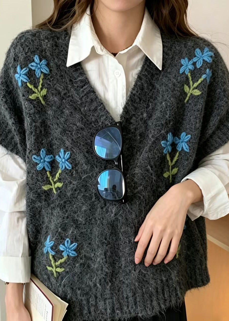Casual Dark Grey Embroidered Floral Knit Waistcoats Sleeveless