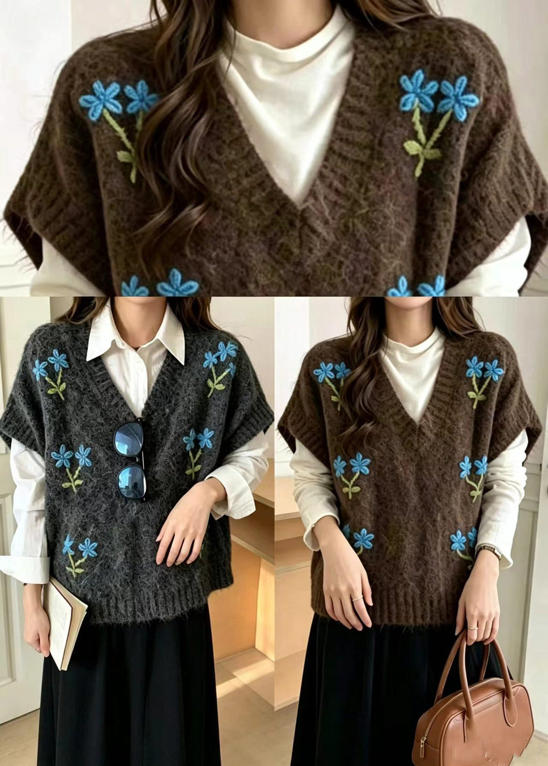 Casual Dark Grey Embroidered Floral Knit Waistcoats Sleeveless