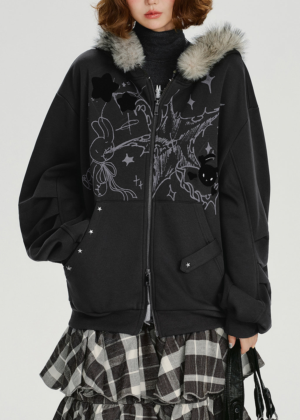 Casual Dark Grey Fur Collar Patchwork Cotton Hooded Coat Spring