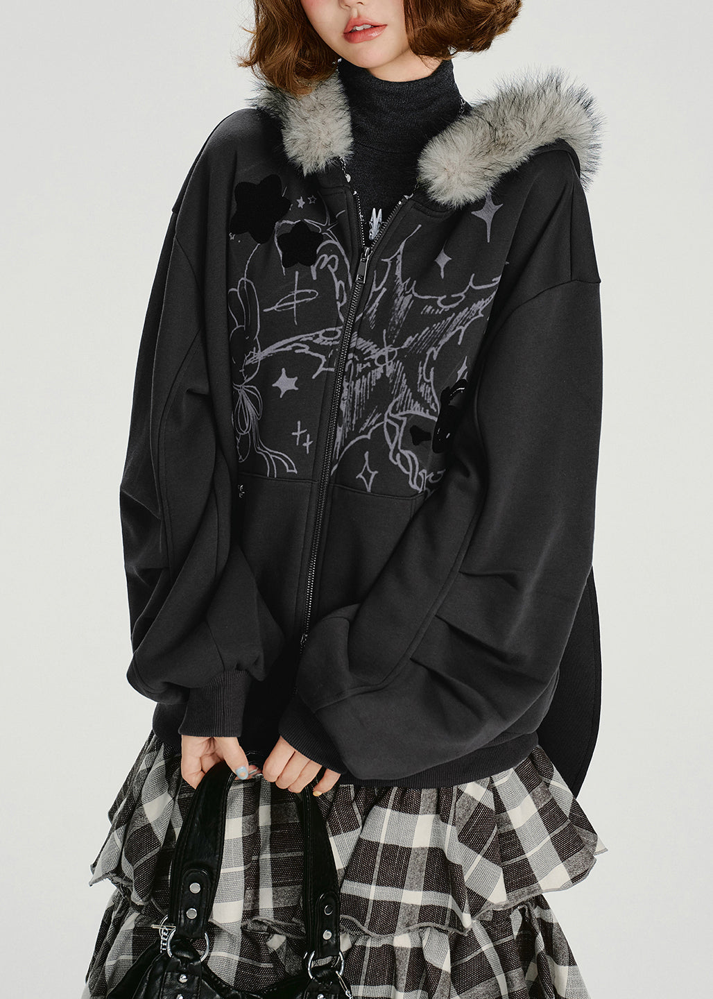 Casual Dark Grey Fur Collar Patchwork Cotton Hooded Coat Spring