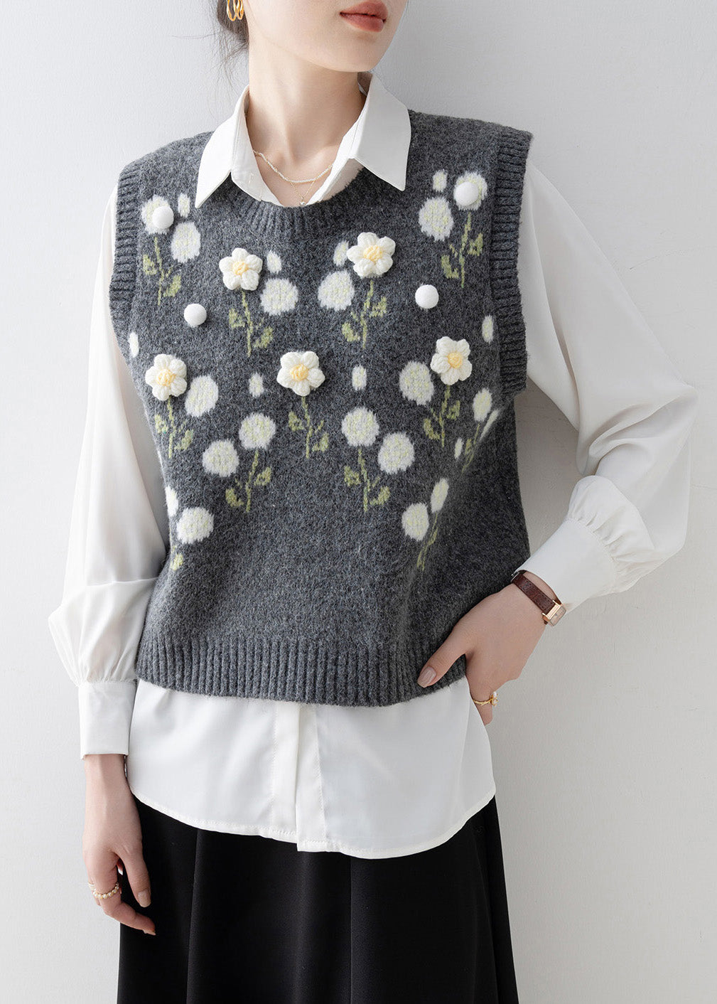 Casual Dark Grey O Neck Floral Knit Vest Sleeveless