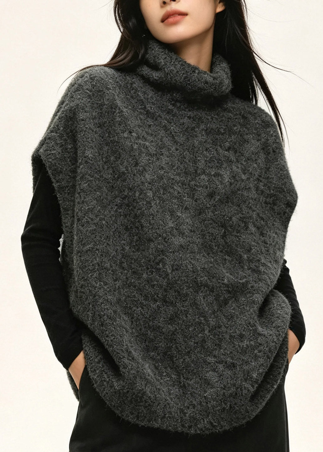 Casual Dark Grey Turtleneck Cotton Knit Waistcoat Short Sleeve