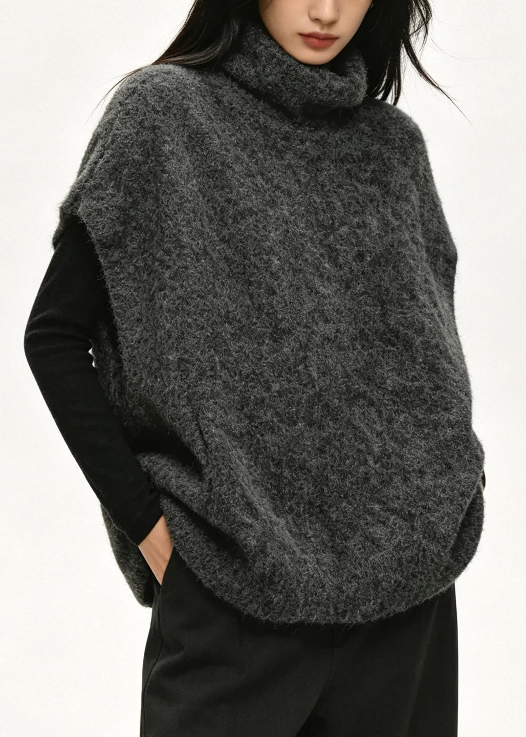 Casual Dark Grey Turtleneck Cotton Knit Waistcoat Short Sleeve