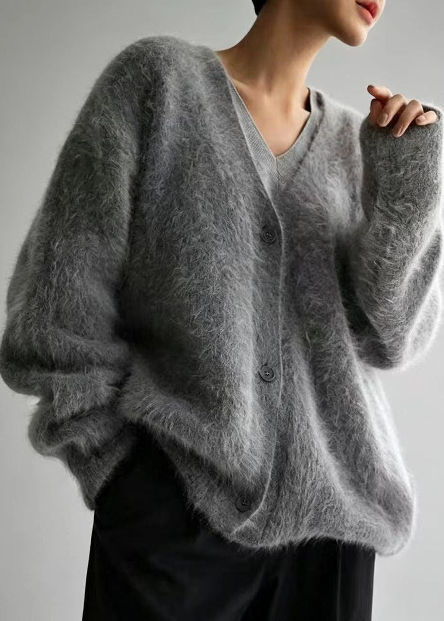 Casual Dark Grey V Neck Faux Mink Hair Knitted Cardigans Winter