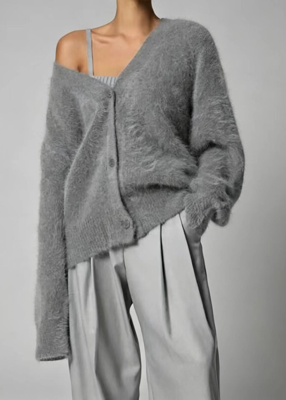 Casual Dark Grey V Neck Faux Mink Hair Knitted Cardigans Winter