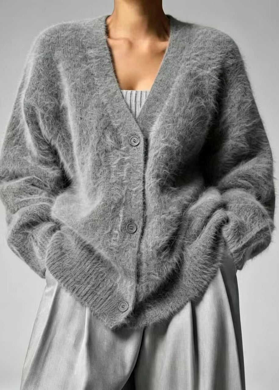 Casual Dark Grey V Neck Faux Mink Hair Knitted Cardigans Winter