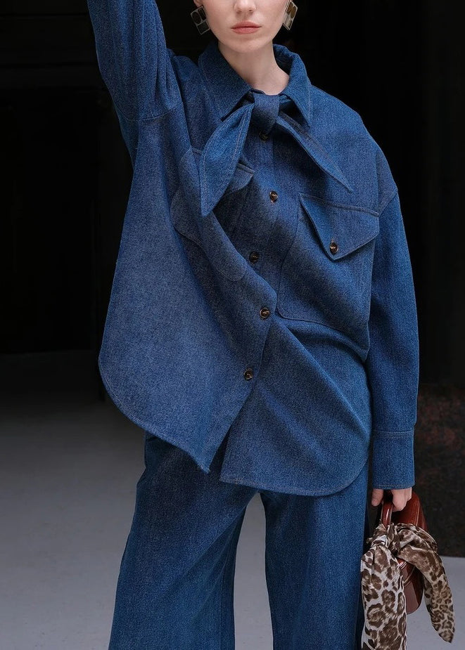 Casual Denim Blue Peter Pan Collar Button Shirt And Pants Two Pieces Set Fall