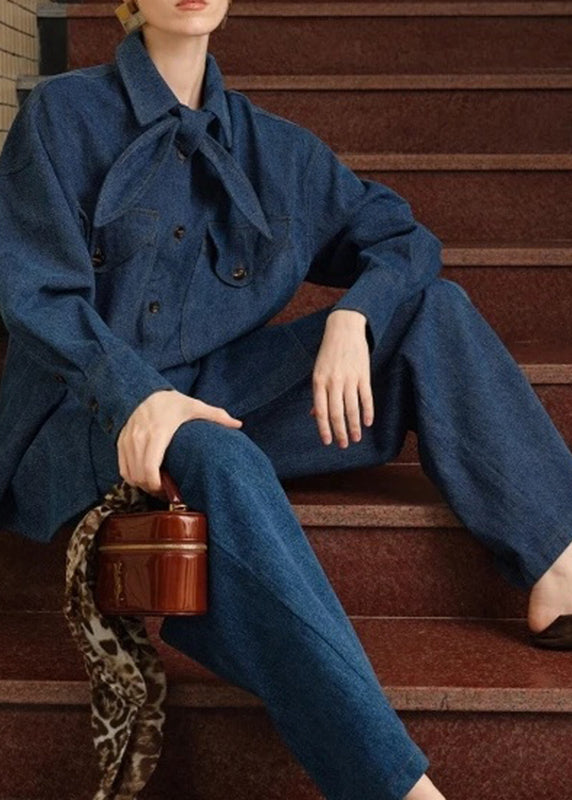 Casual Denim Blue Peter Pan Collar Button Shirt And Pants Two Pieces Set Fall