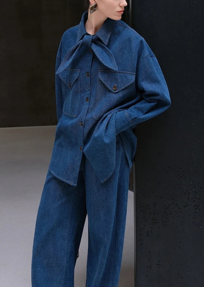 Casual Denim Blue Peter Pan Collar Button Shirt And Pants Two Pieces Set Fall