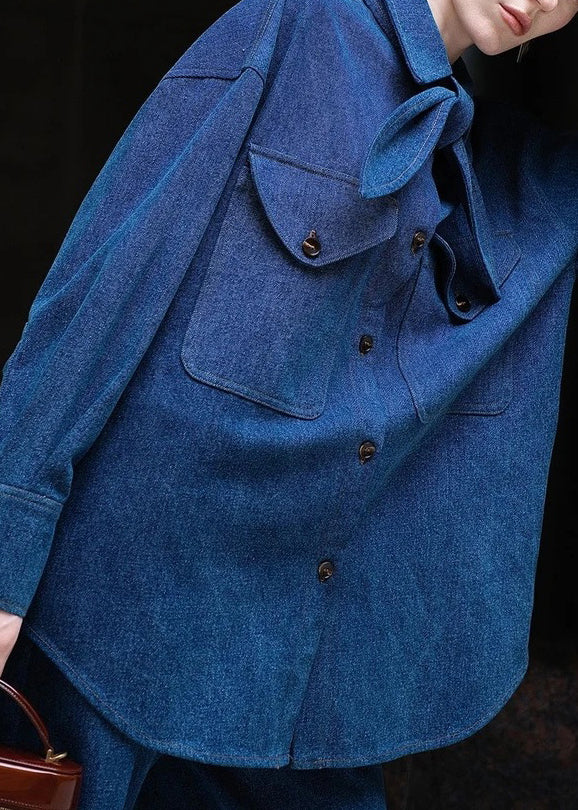 Casual Denim Blue Peter Pan Collar Button Shirt And Pants Two Pieces Set Fall