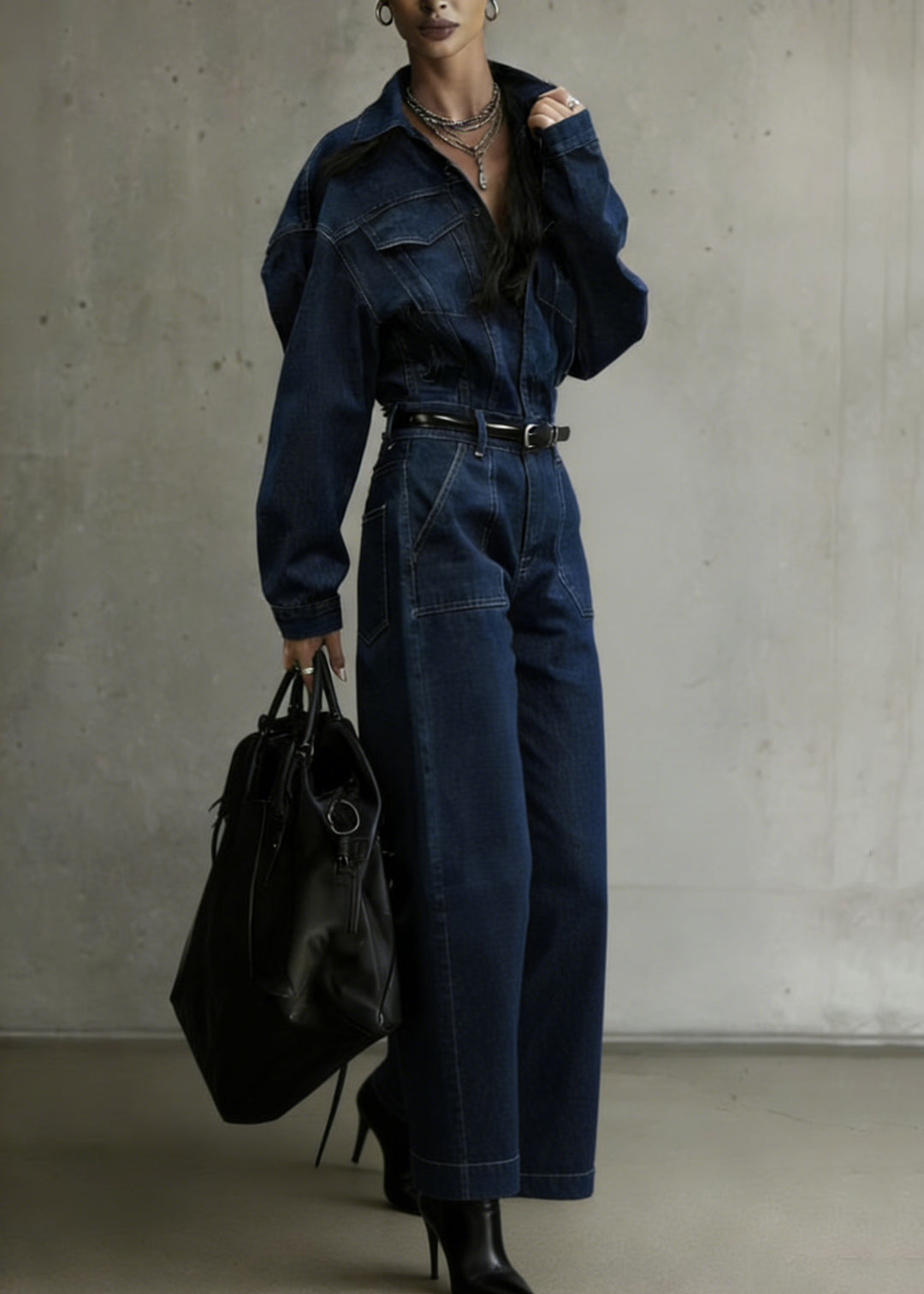 Casual Denim Blue Peter Pan Collar Patchwork Pocket Jumpsuit Spring