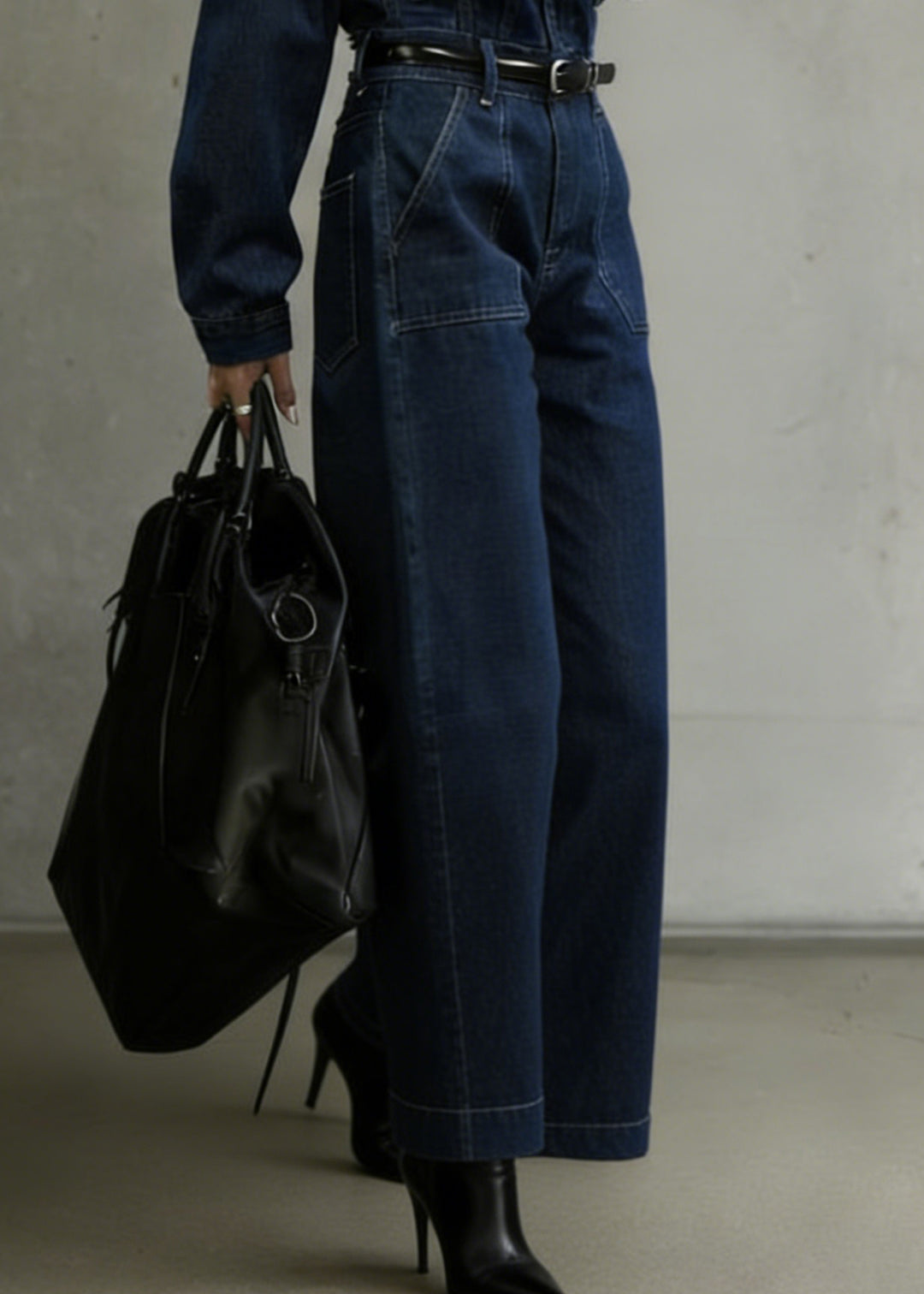 Casual Denim Blue Peter Pan Collar Patchwork Pocket Jumpsuit Spring