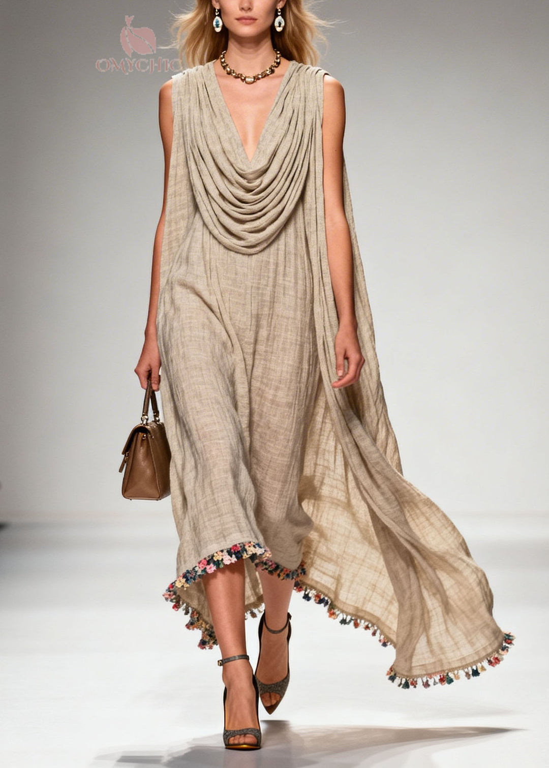 Casual Draped Neckline Floral Patchwork Linen Dress Sleeveless