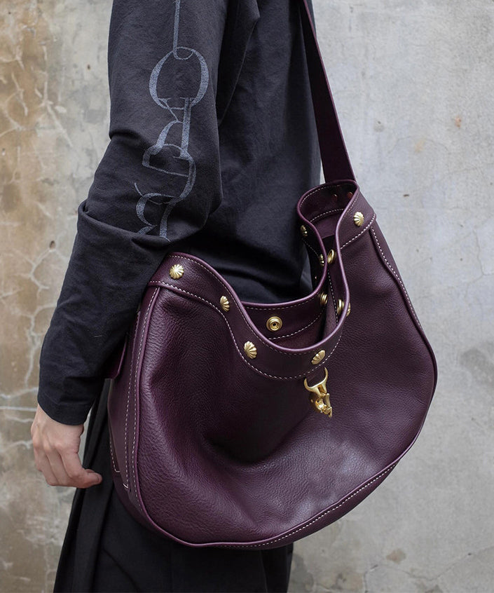 Casual Dull Purple Rivet Large Capacity Faux Leather Messenger Bag