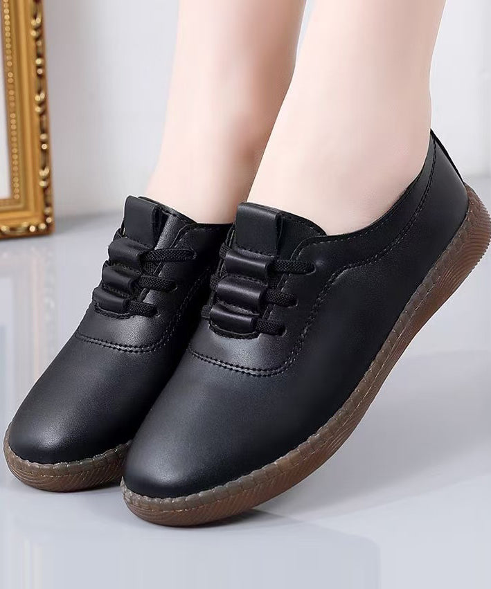 Casual Flat Shoes For Women Black Cowhide Leather