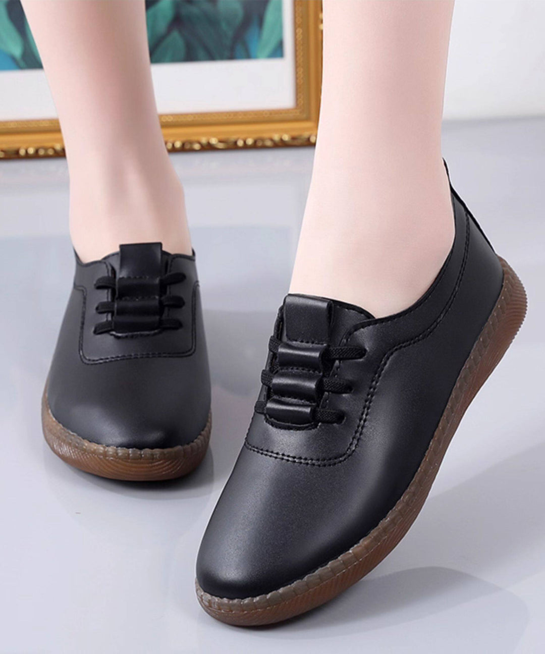 Casual Flat Shoes For Women Black Cowhide Leather