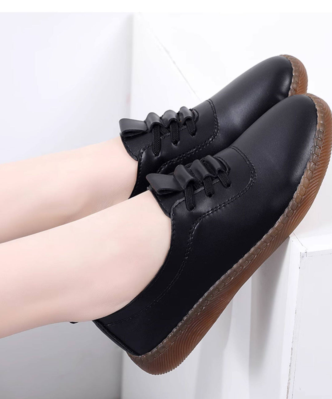 Casual Flat Shoes For Women Black Cowhide Leather