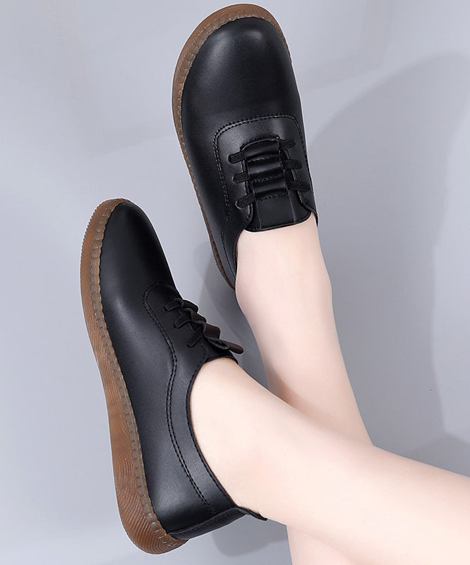 Casual Flat Shoes For Women Black Cowhide Leather