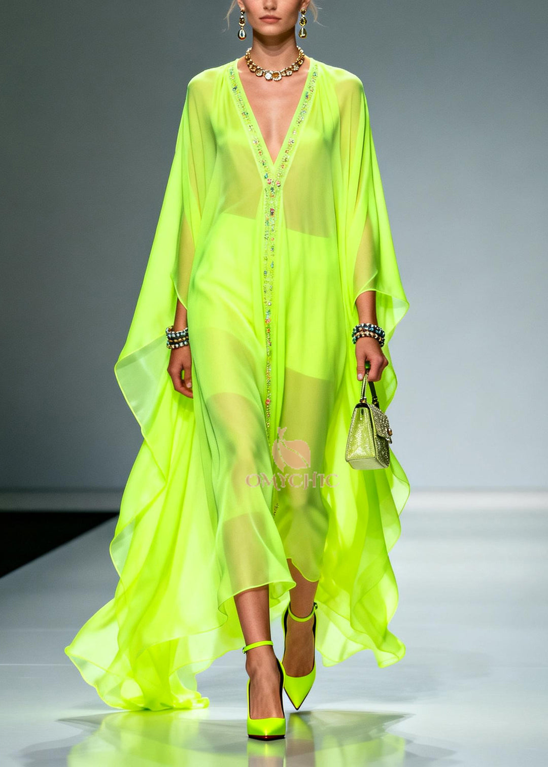Casual Fluorescent Green Oversized Zircon Chiffon Long Dress Summer