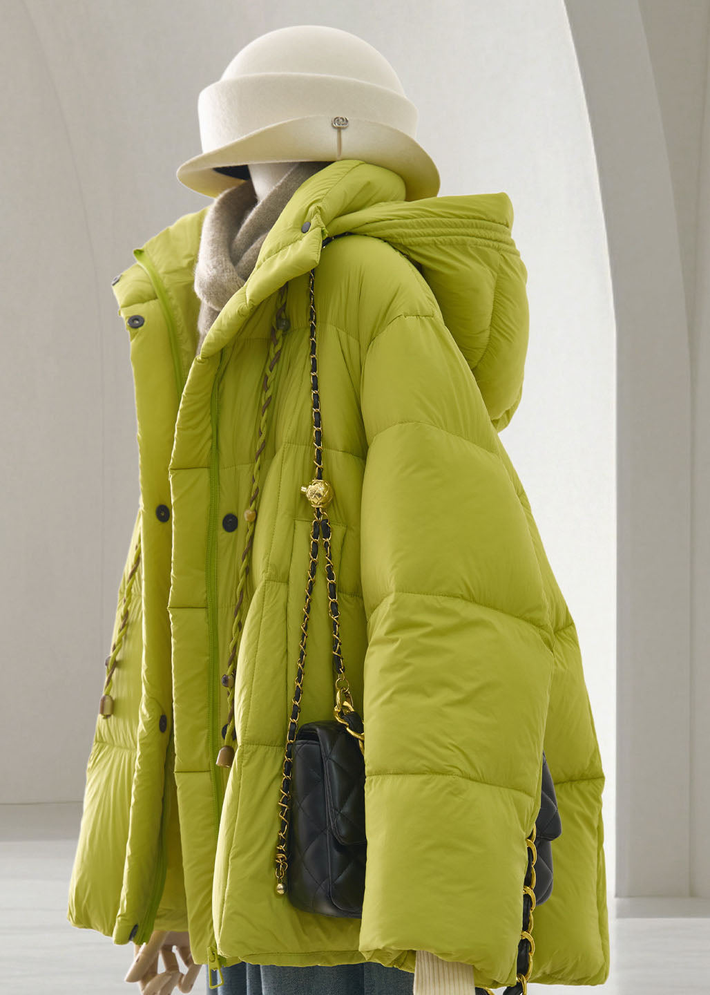 Casual Fruit Green Hooded Stand Collar Fine Cotton Filled Puffer Jacket Winter