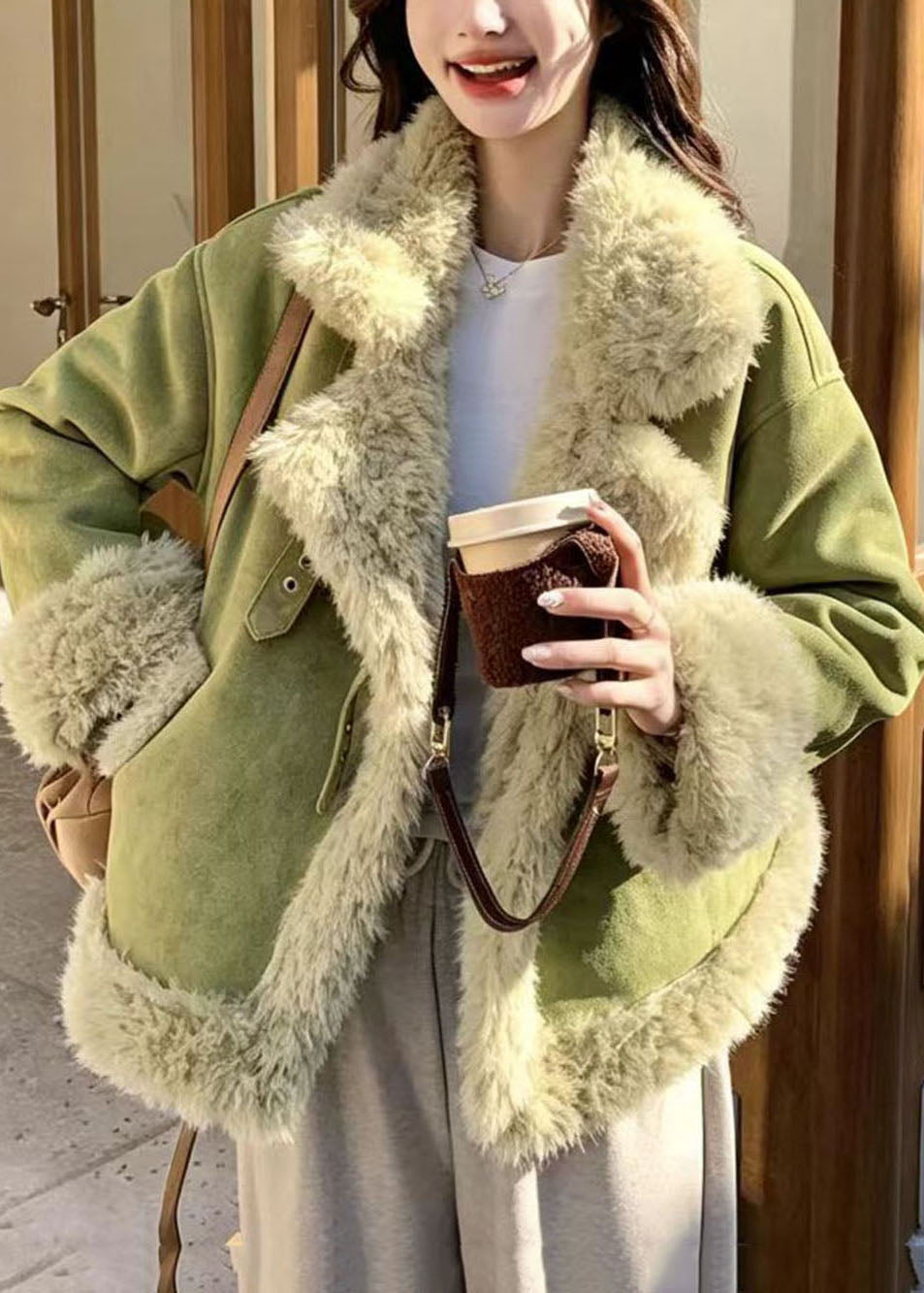 Casual Fruit Green Turn-Down Collar Faux Suede Teddy Faux Fur Winter Coat