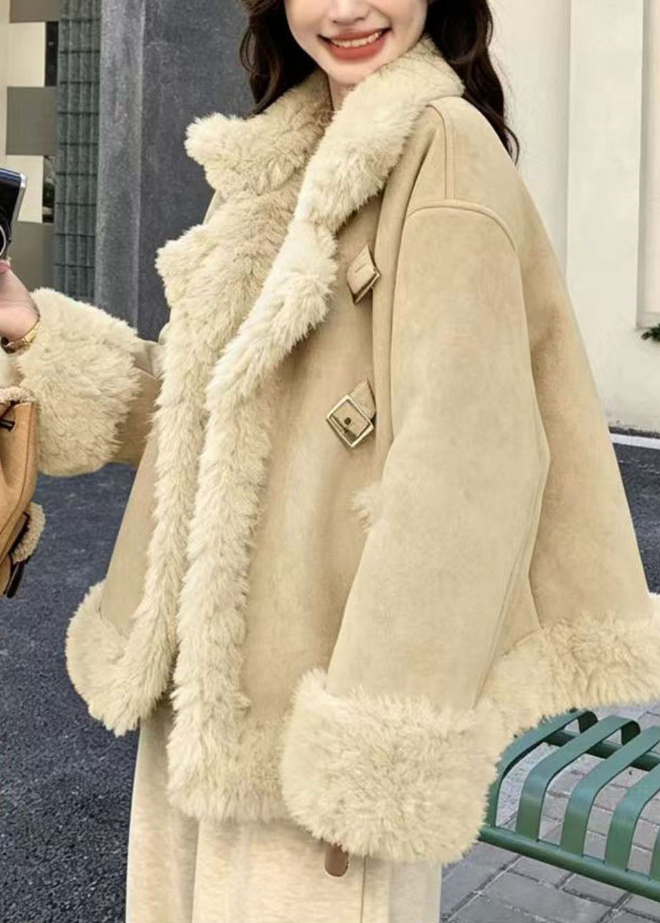 Casual Fruit Green Turn-Down Collar Faux Suede Teddy Faux Fur Winter Coat