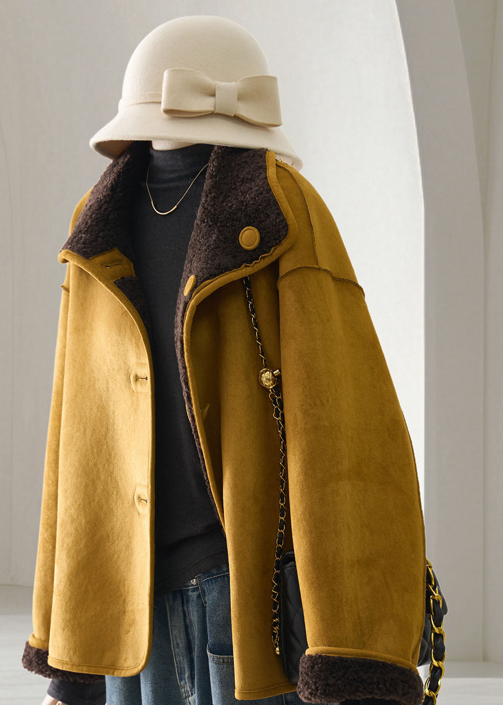 Casual Ginger Yellow Faux Suede Teddy Faux Fur Reversible Winter Coat Long Sleeve