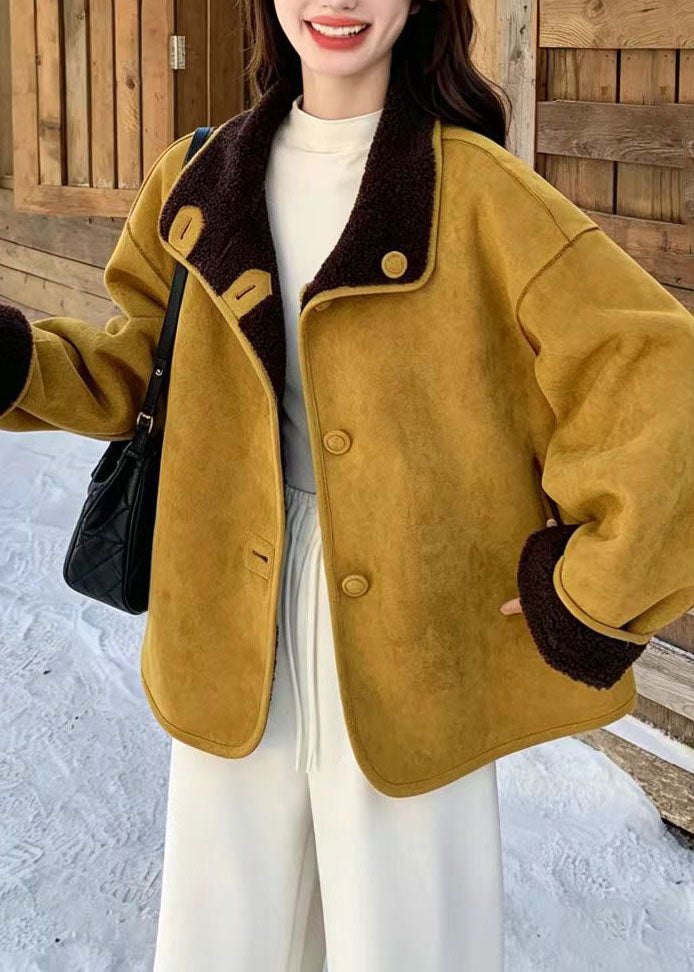 Casual Ginger Yellow Faux Suede Teddy Faux Fur Reversible Winter Coat Long Sleeve