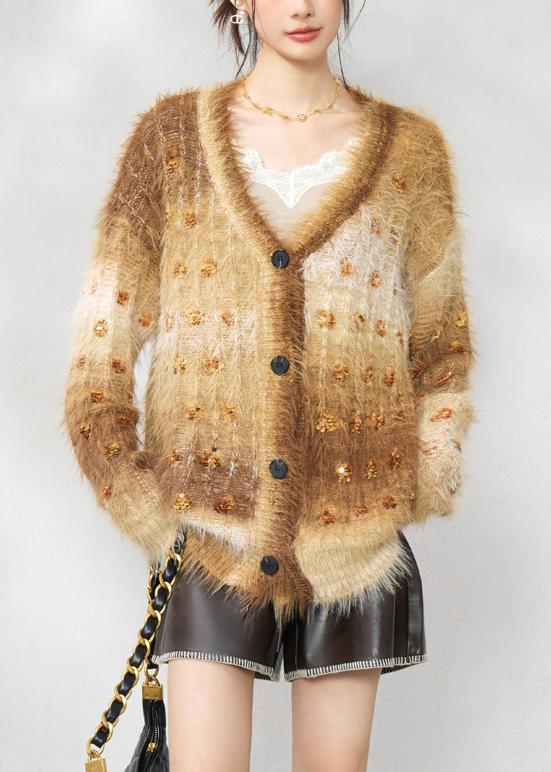 Casual Gold Coffee V Neck Sequins Faux Mink Hair Knitted Cardigan Fall