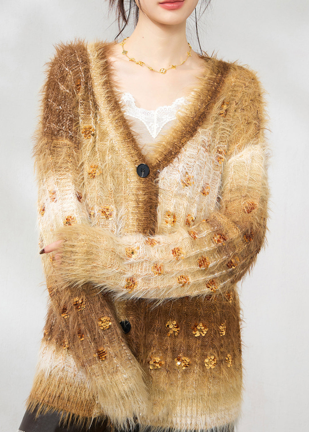 Casual Gold Coffee V Neck Sequins Faux Mink Hair Knitted Cardigan Fall