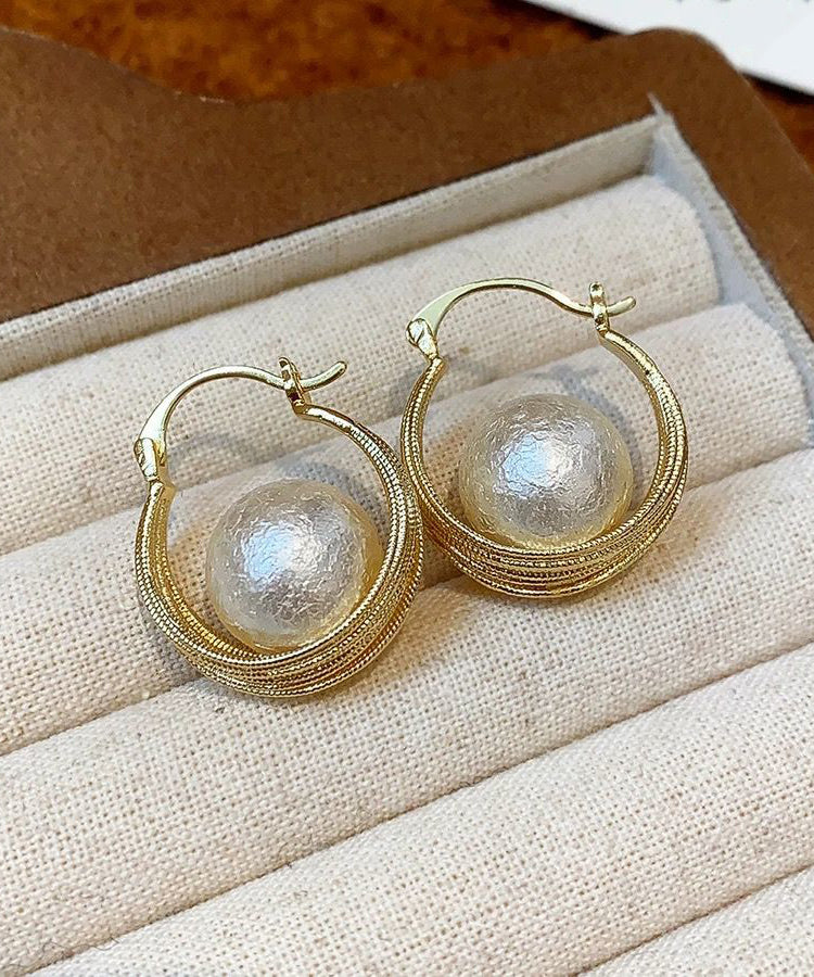 Casual Gold Copper Overgild Cotton Pearl Bird's Nest Hoop Earrings