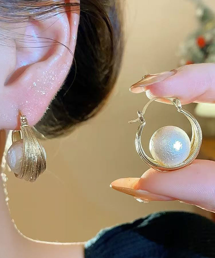 Casual Gold Copper Overgild Cotton Pearl Bird's Nest Hoop Earrings