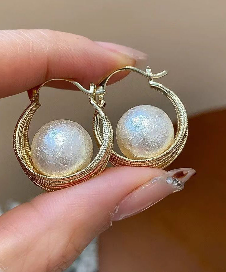 Casual Gold Copper Overgild Cotton Pearl Bird's Nest Hoop Earrings