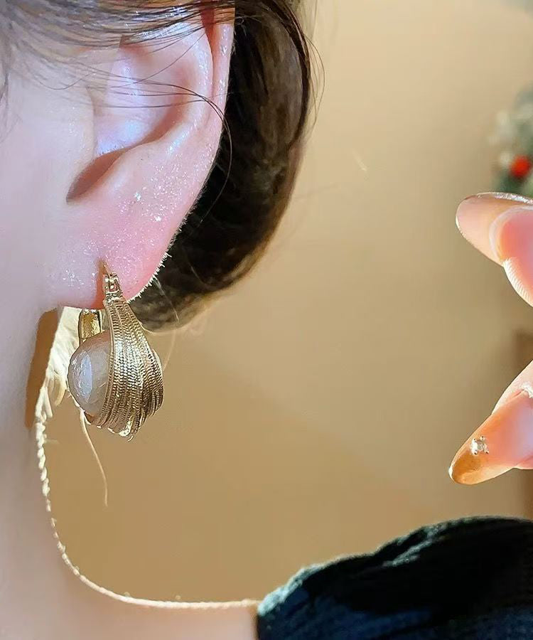 Casual Gold Copper Overgild Cotton Pearl Bird's Nest Hoop Earrings