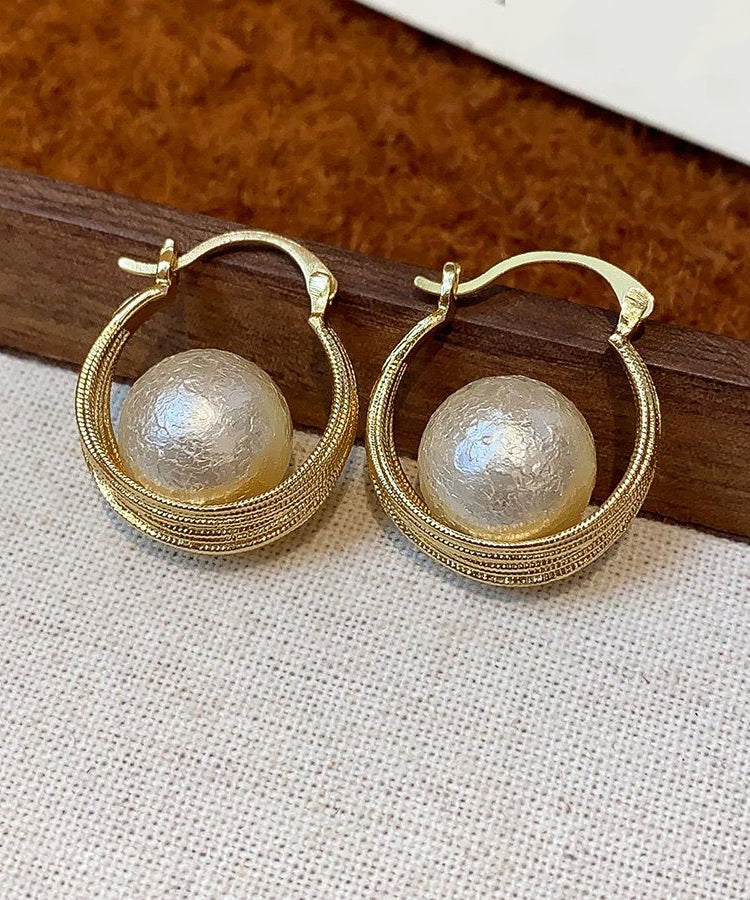 Casual Gold Copper Overgild Cotton Pearl Bird's Nest Hoop Earrings