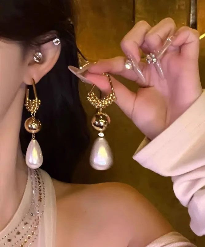 Casual Gold Stergling Silver Overgild Zircon Pearl Drop Earrings
