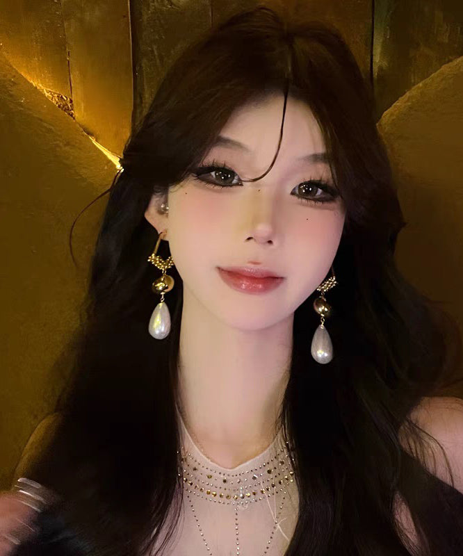 Casual Gold Stergling Silver Overgild Zircon Pearl Drop Earrings
