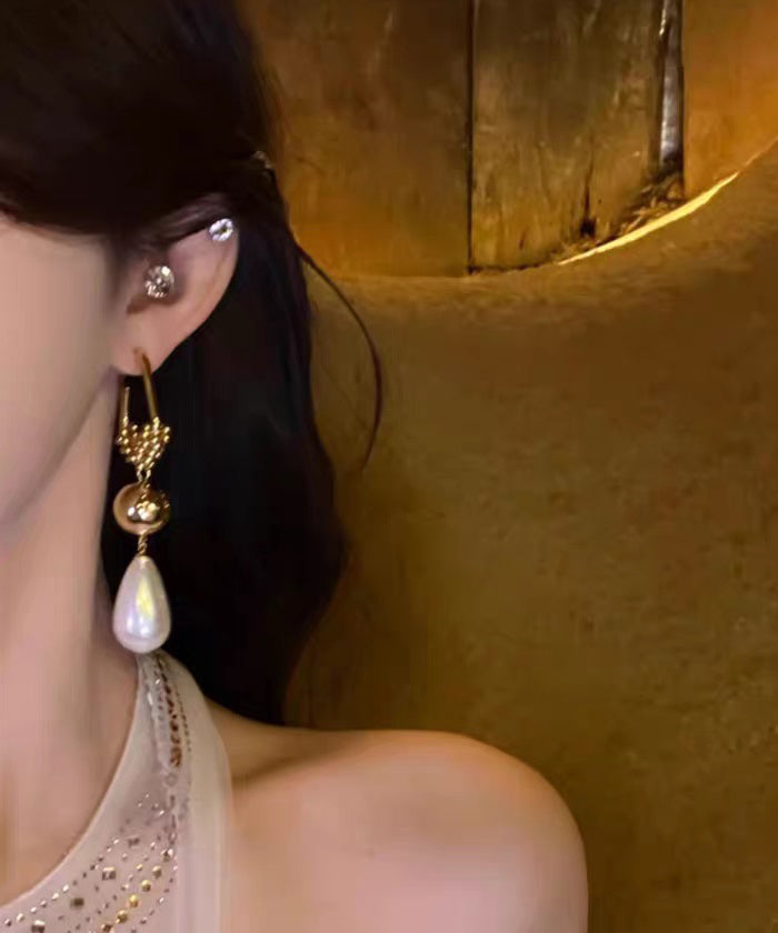 Casual Gold Stergling Silver Overgild Zircon Pearl Drop Earrings