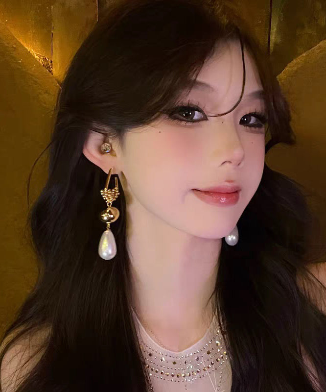 Casual Gold Stergling Silver Overgild Zircon Pearl Drop Earrings