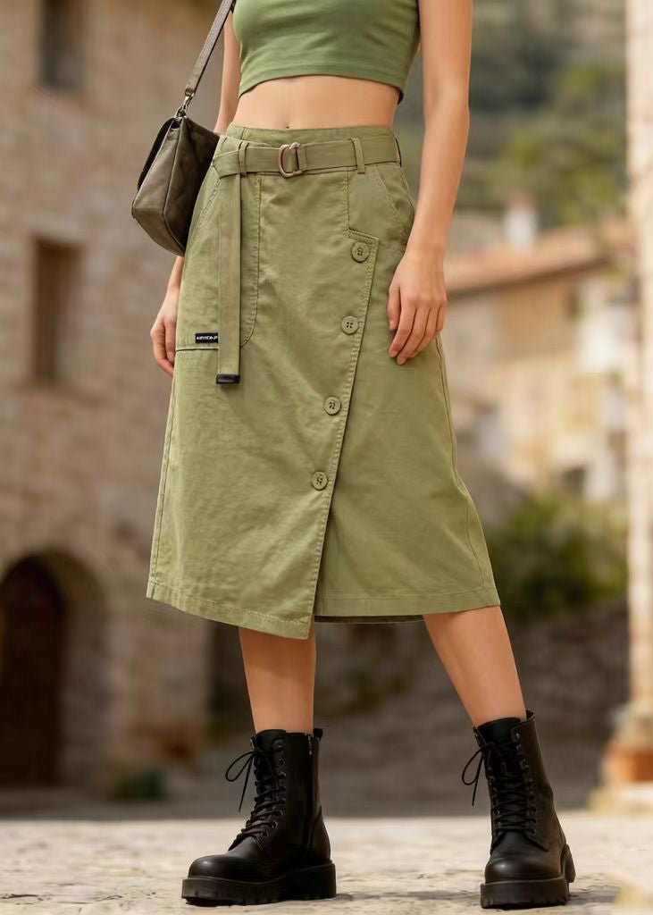 Casual Grass Green Asymmetrical Design Cotton Skirt Summer